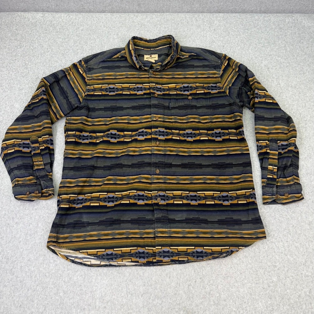 Woolrich Flannel Shirt Men's Large‎ Aztec Southwestern Print Button Down Blue
